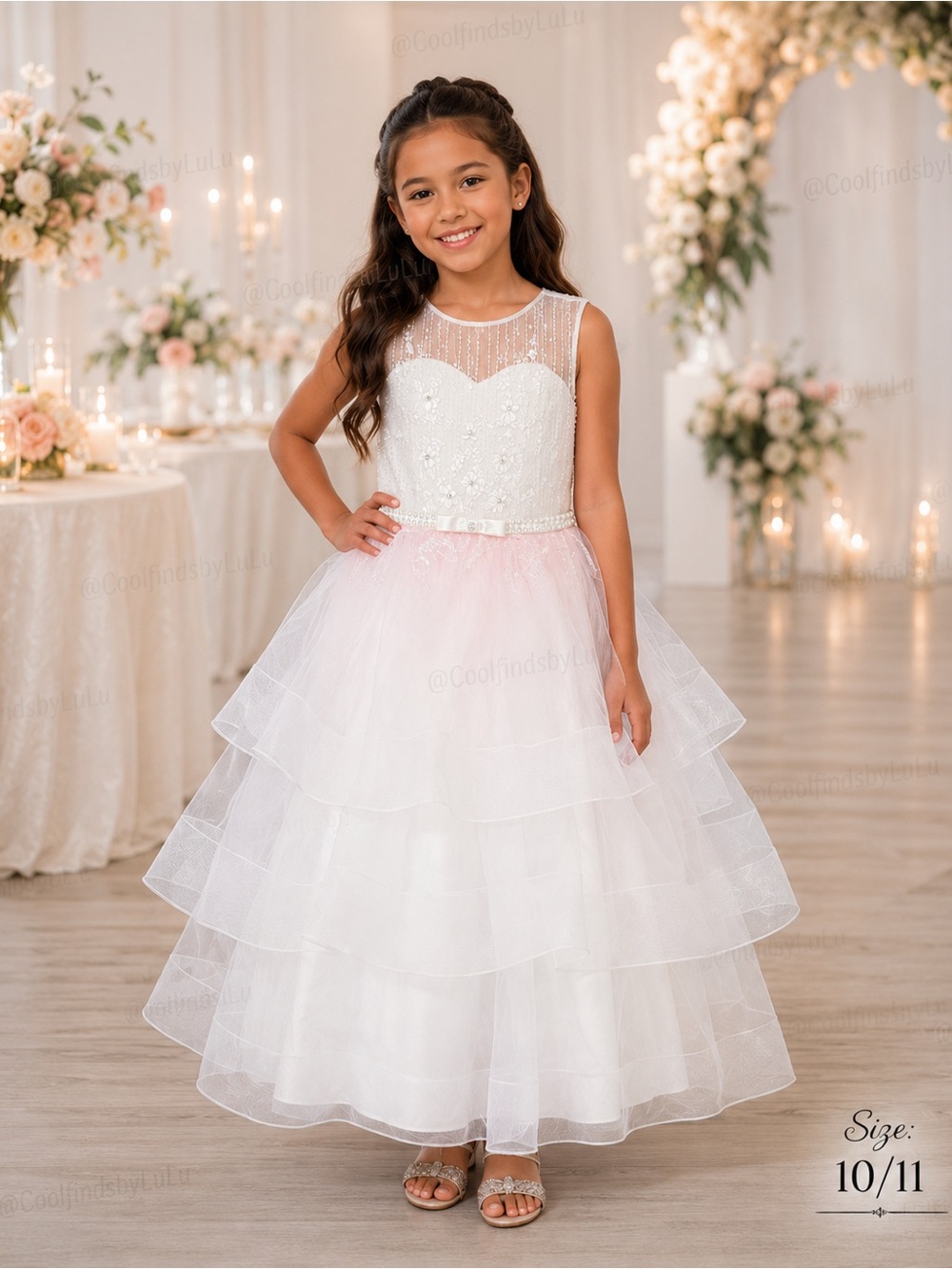 NWOT Girls White & Light Pink Tiered Tulle Flower Girl Dress Size: 10/11